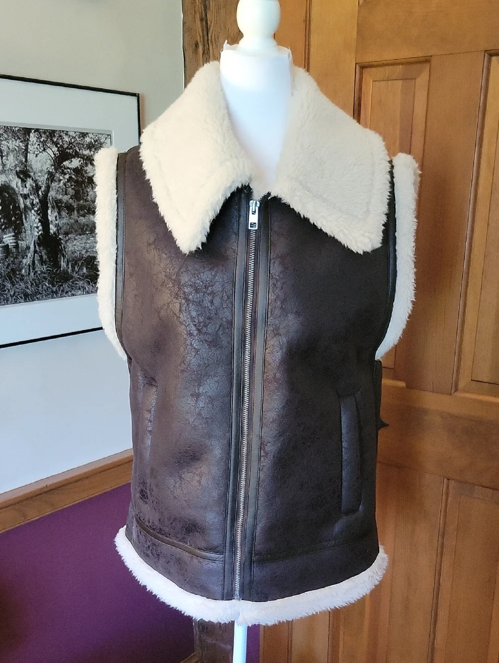 AERIE OFFLINE Faux Shearling Lined Brown Vest with Cream Collar - Picture 4 of 14
